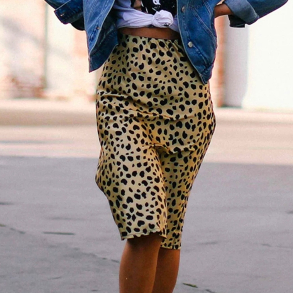 Leopard print midi long satin slip skirt size Small retro